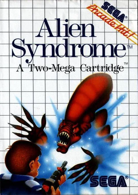 Portada europea d’Alien Syndrome per a Sega Master System, amb una criatura vermella atacant un soldat.