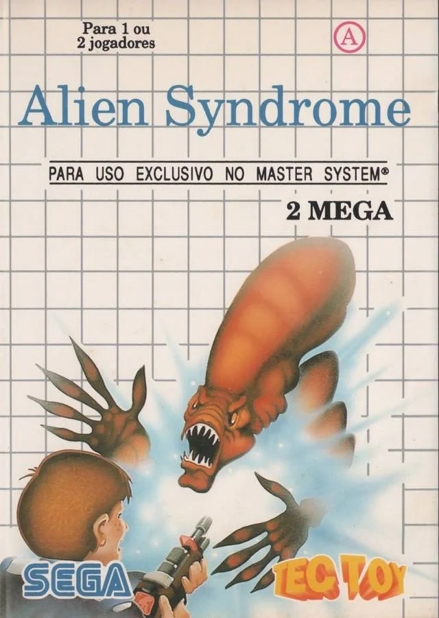 Portada brasilera d’Alien Syndrome amb les marques Sega, Tec Toy i «2 MEGA».