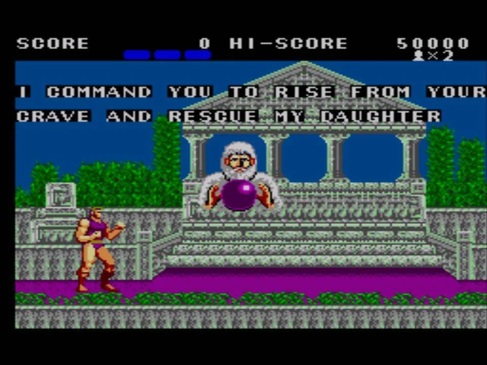 Zeus, el centurió i el text de la missió apareixen en un cementiri a l'inici d'Altered Beast.