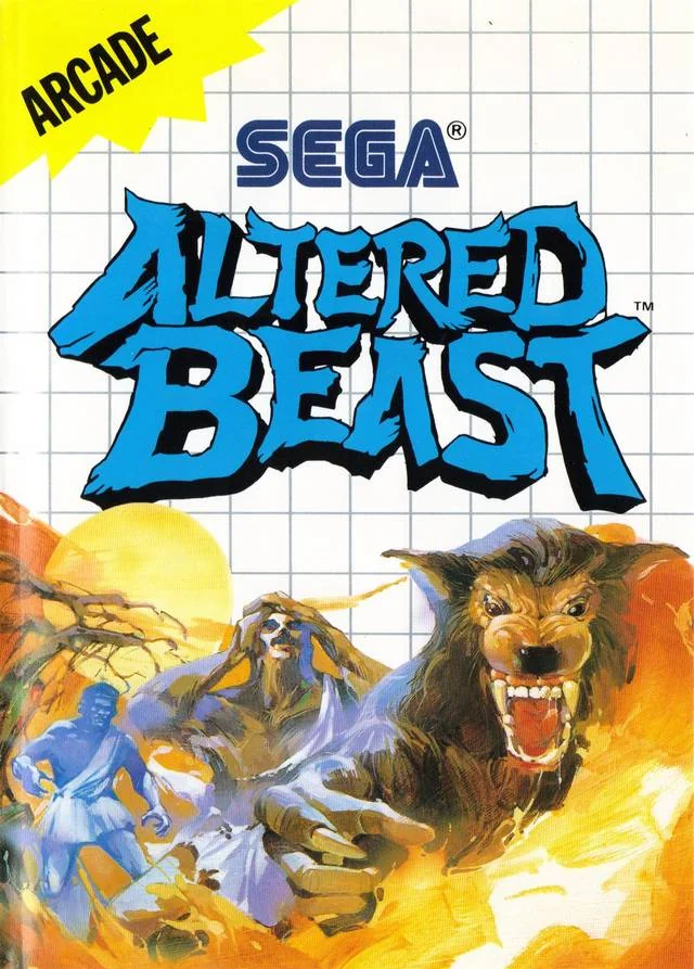 Portada nord-americana d'Altered Beast per a Sega Master System, amb diverses feres sota el logotip de SEGA.