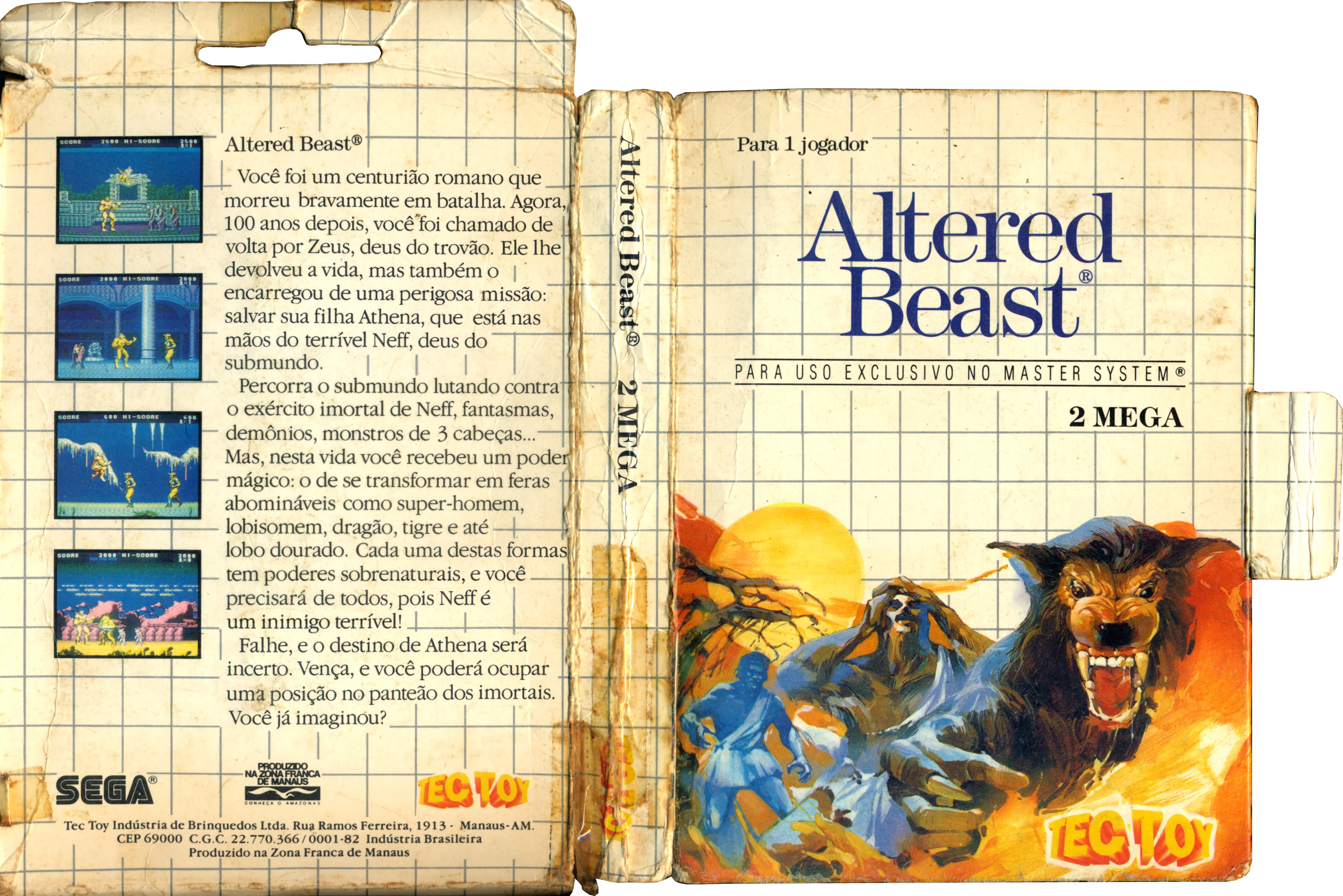 Embalatge brasiler desplegat d'Altered Beast, amb la marca Tec Toy, text en portuguès i captures al revers.