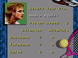 Pantalla de selecció d’Andre Agassi amb atributs de joc diferenciats.