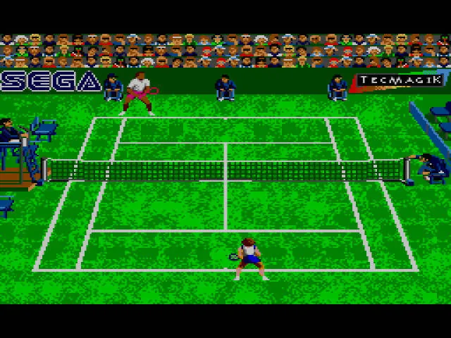 Un intercanvi d’Andre Agassi Tennis vist des del fons, amb els dos jugadors separats per la xarxa.