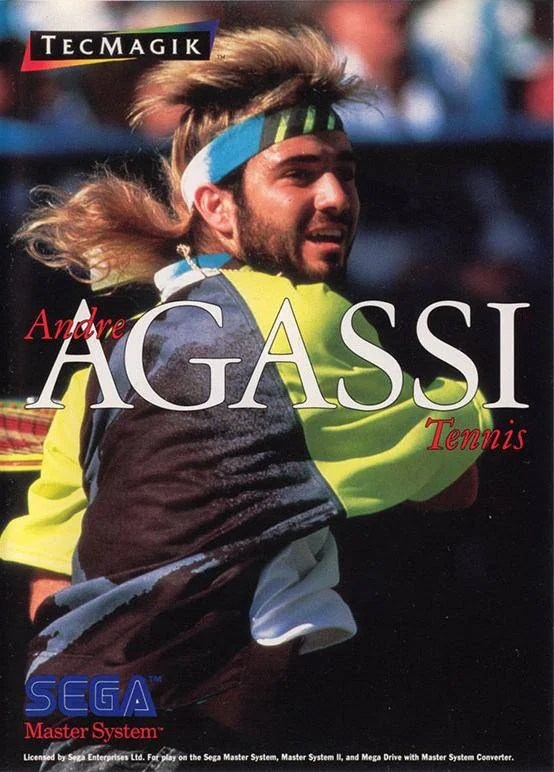 Portada europea d’Andre Agassi Tennis per a Sega Master System, amb Andre Agassi sostenint una raqueta.
