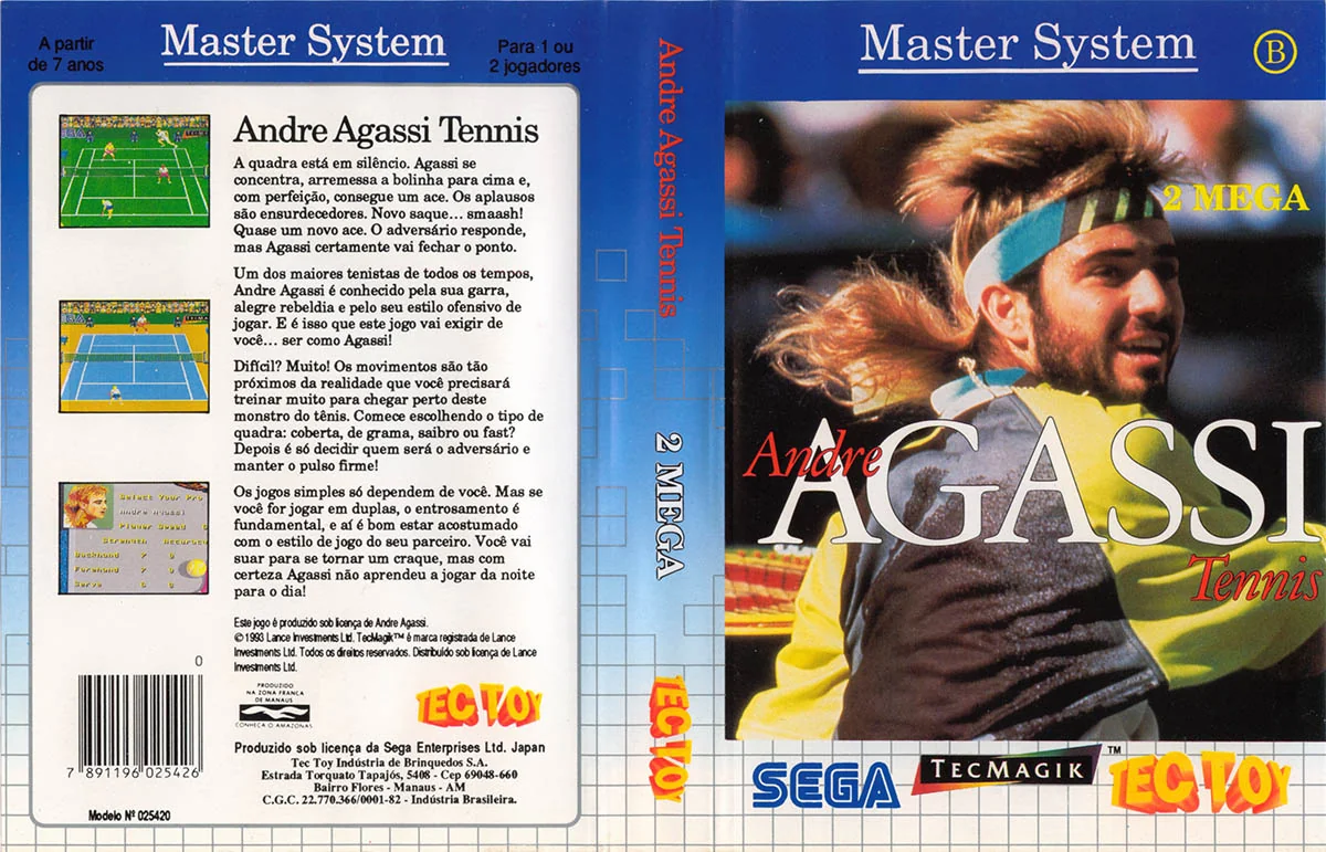 Caràtula brasilera desplegada d’Andre Agassi Tennis, amb portada fotogràfica i revers en portuguès.