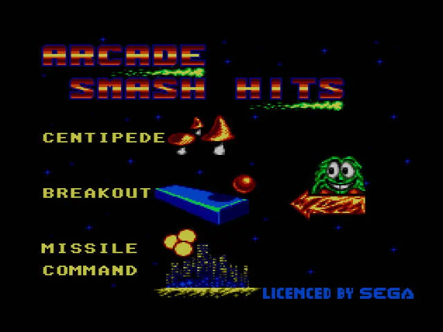 Pantalla de selecció d’Arcade Smash Hits amb Centipede, Breakout i Missile Command.