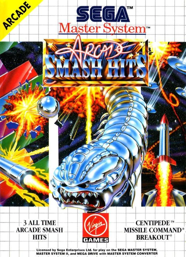 Portada europea d’Arcade Smash Hits per a Sega Master System, amb motius dels tres jocs inclosos.