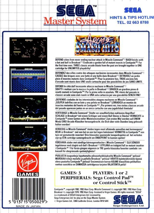 Contraportada europea d’Arcade Smash Hits amb captures i descripcions dels tres jocs.