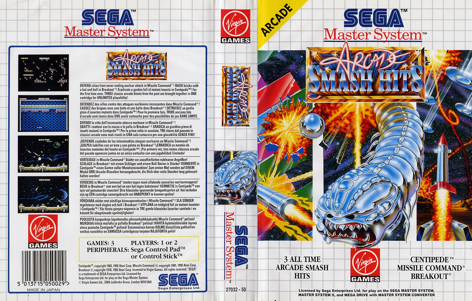 Caràtula europea desplegada d’Arcade Smash Hits amb portada, llom i contraportada.