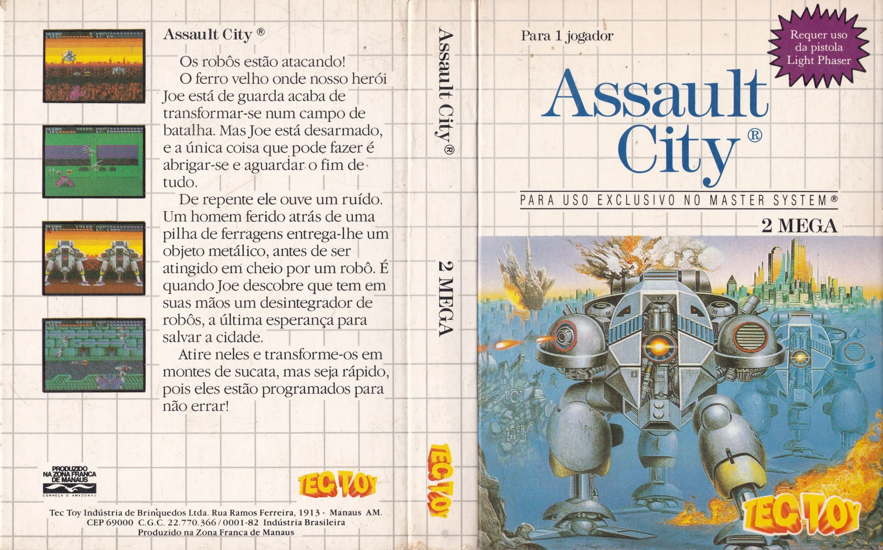 Coberta brasilera desplegada d’Assault City amb textos en portuguès, marca Tectoy i indicació de la Light Phaser.