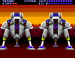 Enfrontament d’Assault City contra dos robots grans, amb la mira situada sobre un dels enemics principals.