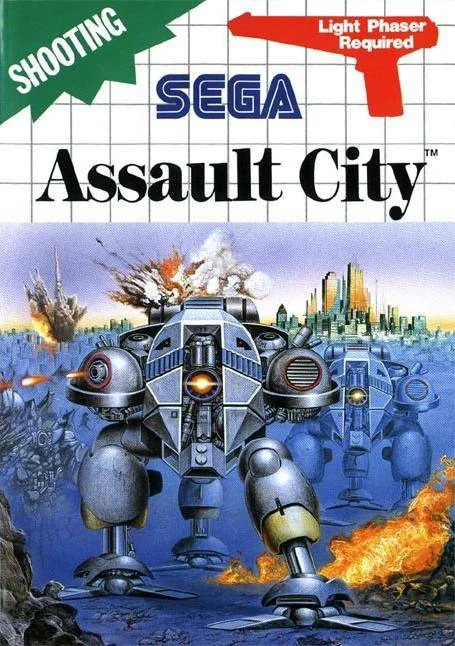 Portada europea d’Assault City per a Master System amb l’avís que cal la Light Phaser.
