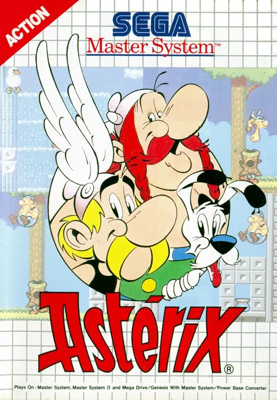 Portada europea d’Astérix per a Sega Master System, amb Astèrix, Obèlix, Idèfix i Panoràmix.