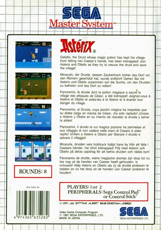 Contraportada europea d’Astérix per a Sega Master System, amb quatre captures i text multilingüe.