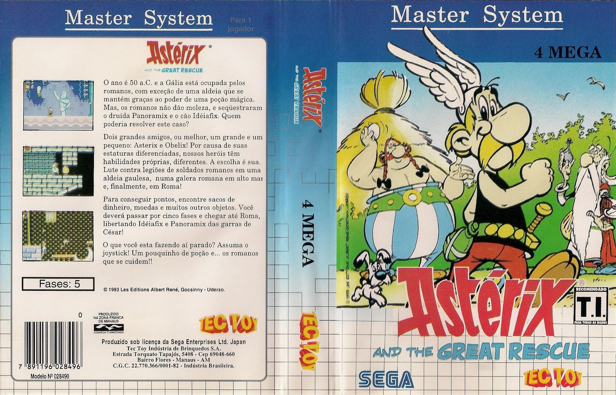 Caràtula brasilera desplegada d’Astérix and the Great Rescue, amb text portuguès i la marca Tec Toy.