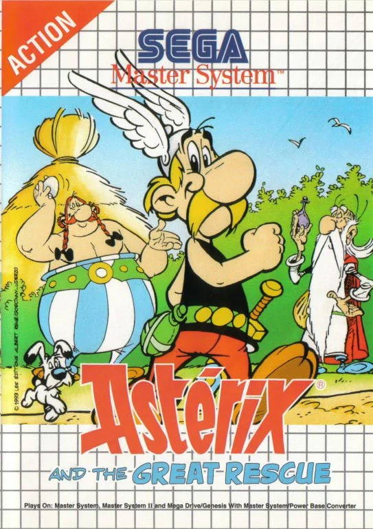 Portada europea d’Astérix and the Great Rescue per a Sega Master System, amb Astèrix, Obèlix, Panoràmix i Idèfix.