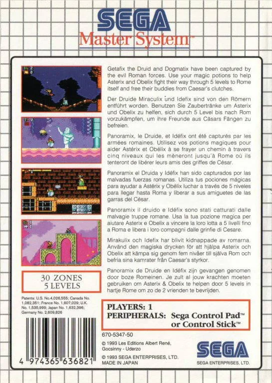 Contraportada europea d’Astérix and the Great Rescue per a Sega Master System, amb quatre captures i text multilingüe.