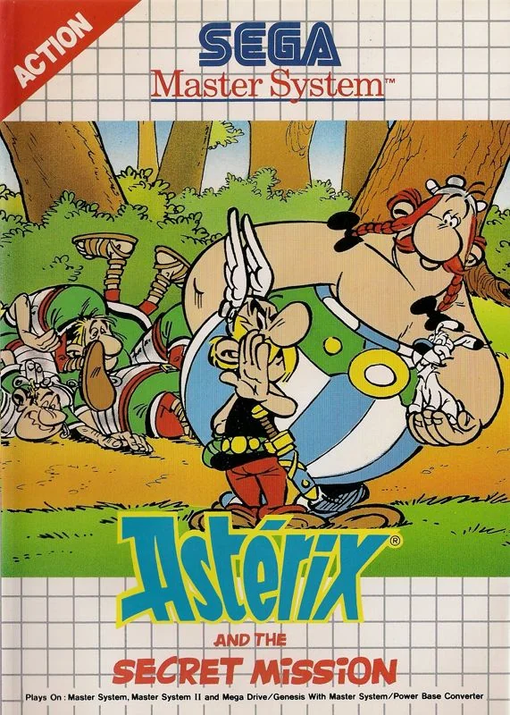 Portada europea d'Astérix and the Secret Mission per a Sega Master System, amb Astèrix i Obèlix davant de soldats romans.