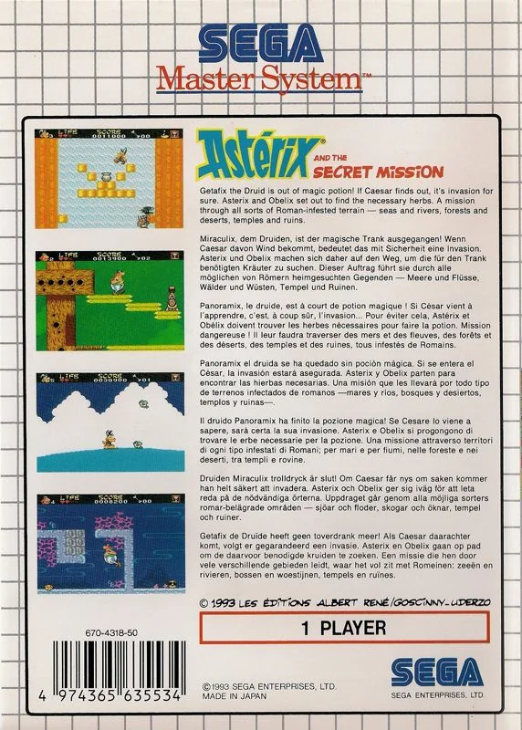 Contraportada europea d'Astérix and the Secret Mission per a Sega Master System, amb quatre captures i textos multilingües.