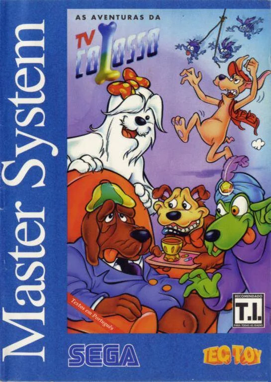 Portada brasilera d'As Aventuras da TV Colosso amb personatges canins i els logotips de Sega i Tec Toy.