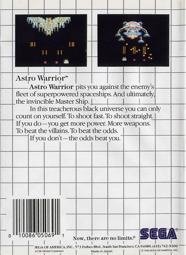 Contraportada nord-americana d’Astro Warrior amb dues captures i text descriptiu en anglès.