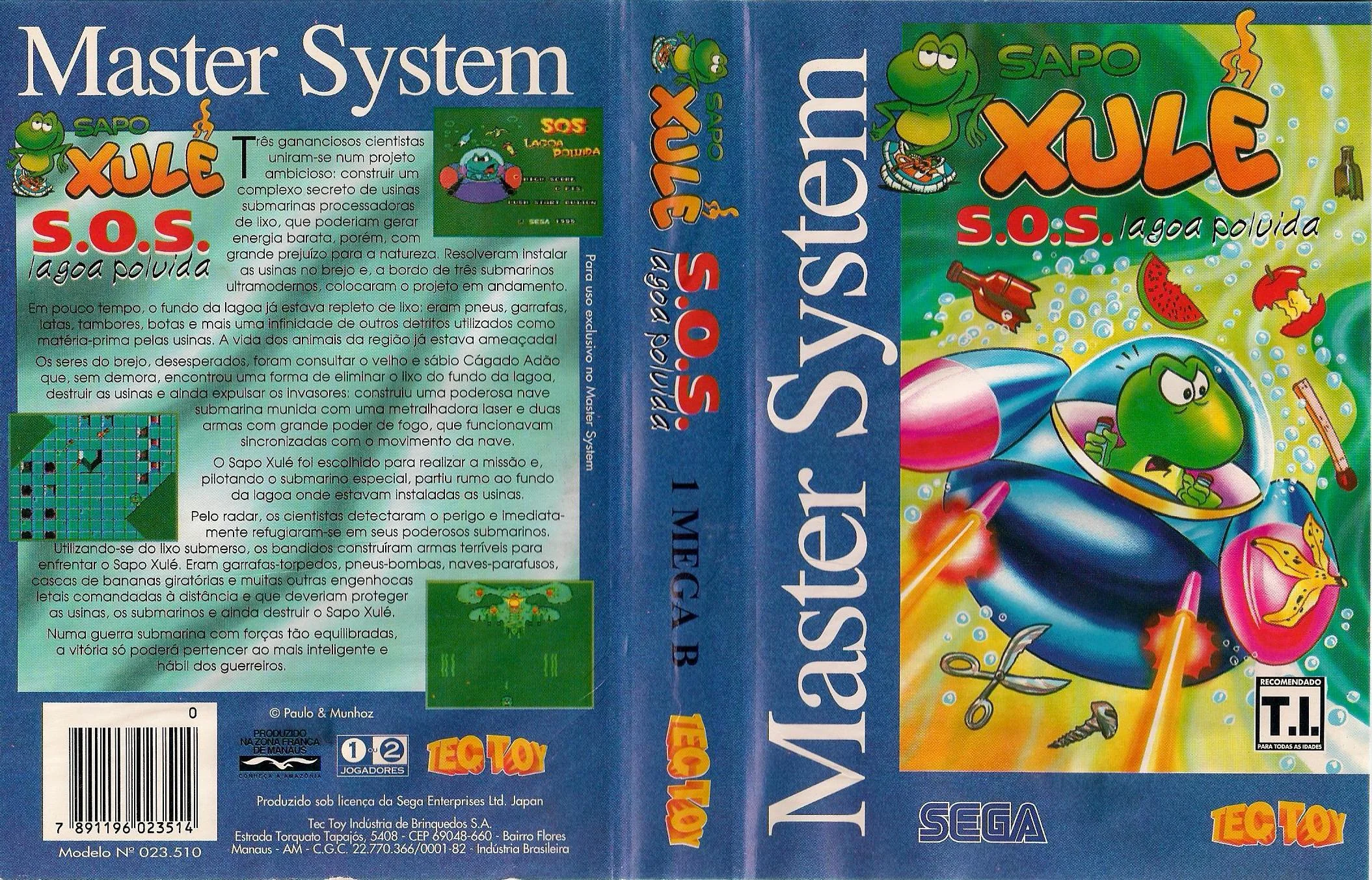 Caràtula desplegada brasilera de Sapo Xulé: S.O.S. Lagoa Poluída, amb ambient aquàtic i marca Tec Toy.