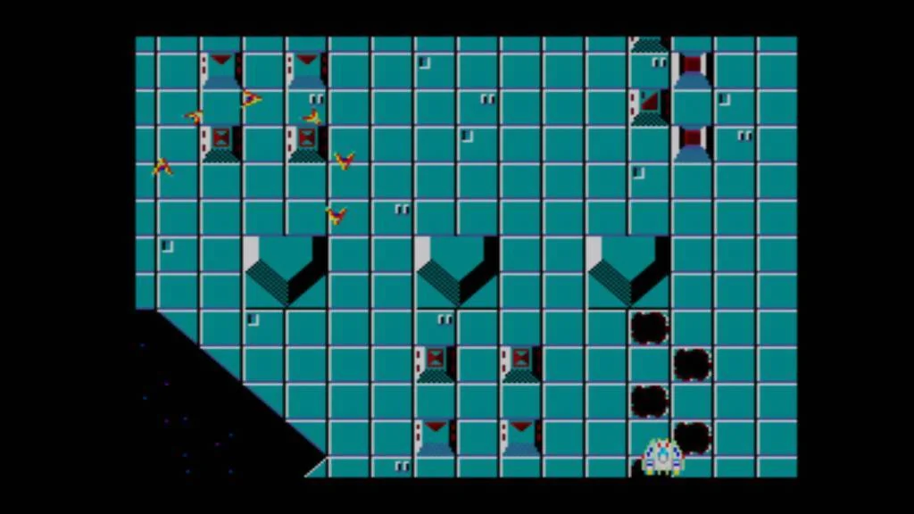 L’Astro Raider dispara entre estructures turqueses, enemics i obstacles de Galaxy Zone.