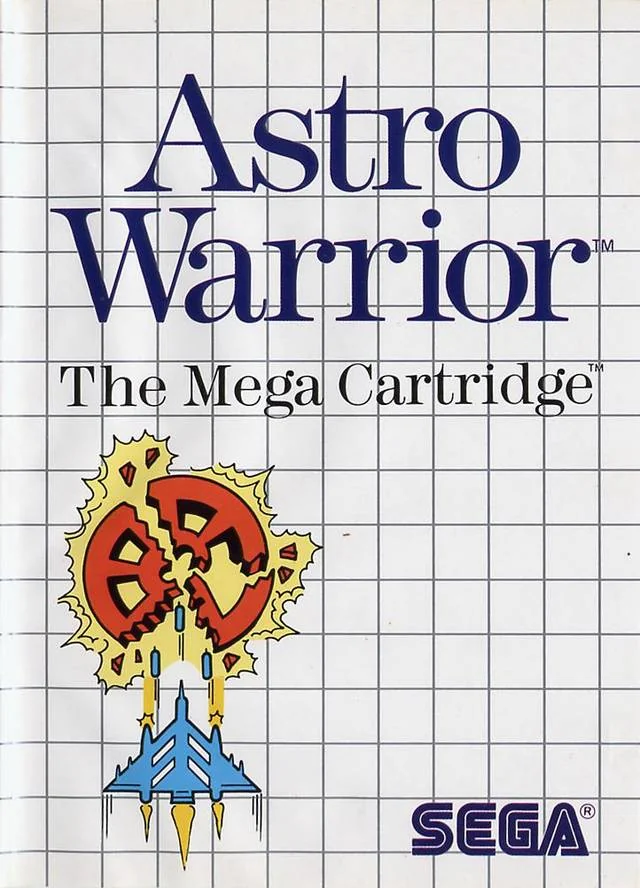 Portada nord-americana d’Astro Warrior per a Sega Master System, amb quadrícula blanca i una nau disparant.