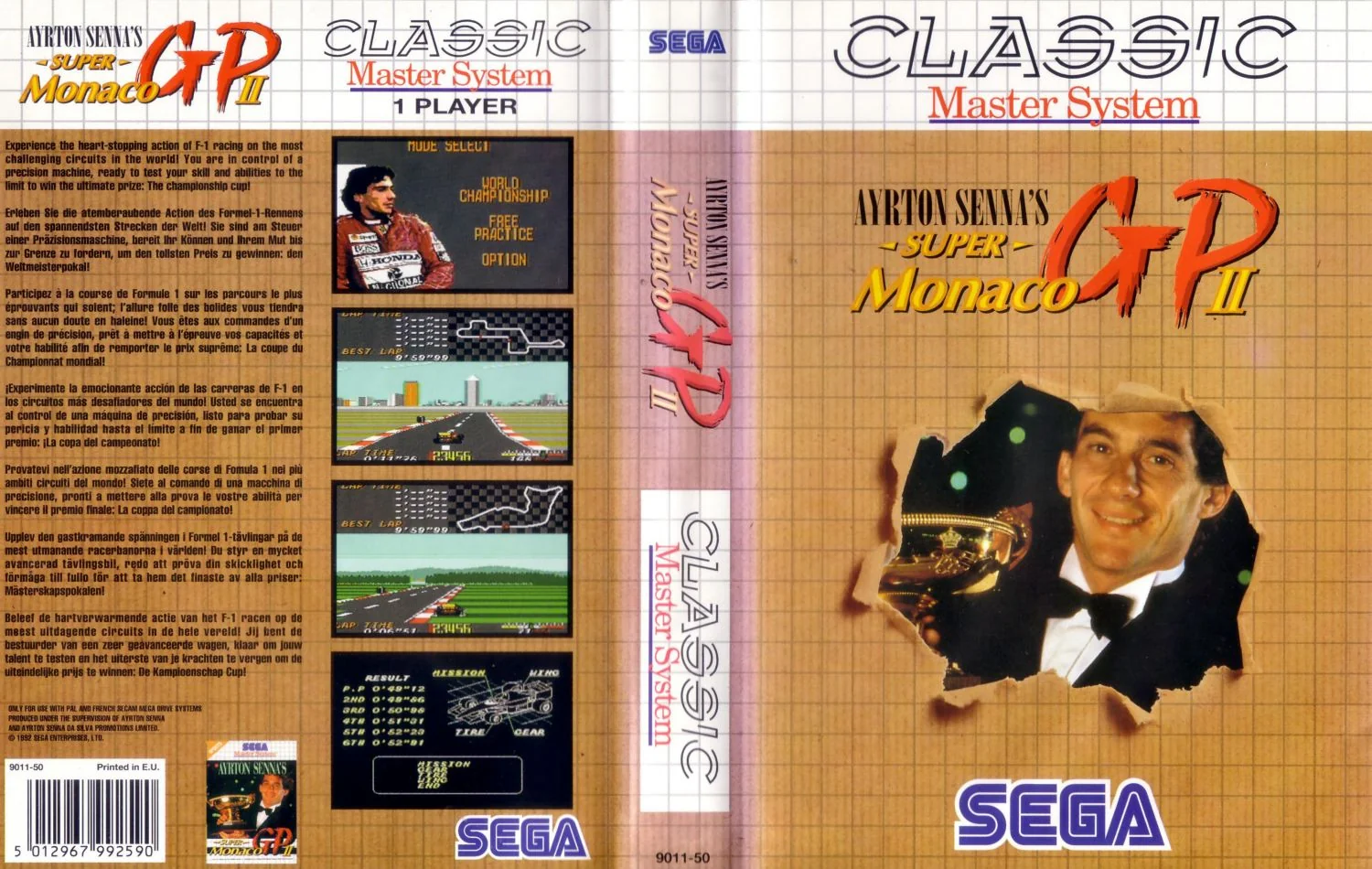 Capsa desplegada de l’edició europea Classic, amb disseny daurat, retrat d’Ayrton Senna i captures a la contraportada.
