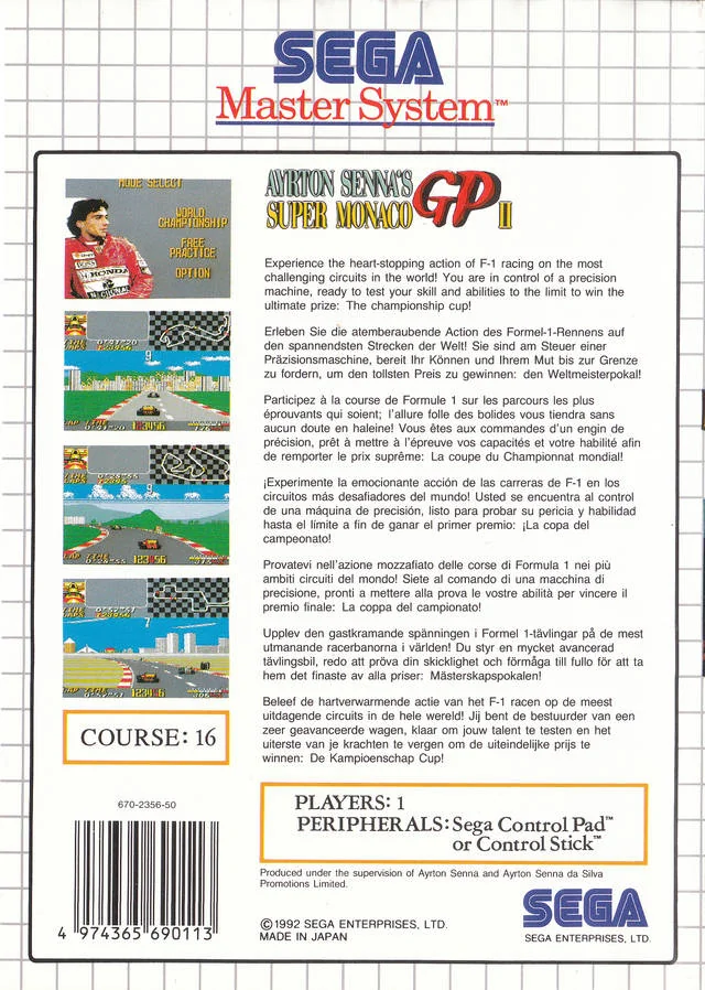 Contraportada europea d’Ayrton Senna’s Super Monaco GP II per a Sega Master System, amb textos multilingües i captures de curses.