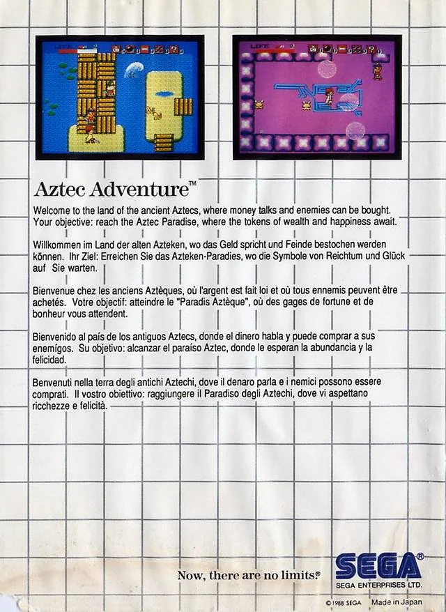Contraportada europea d’Aztec Adventure amb dues captures i textos en cinc idiomes.
