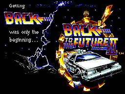 Pantalla de transició amb dos logotips de Back to the Future i el DeLorean al centre.