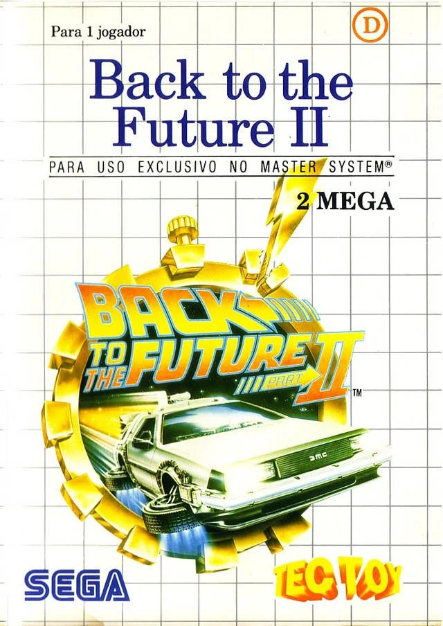 Portada brasilera de Back to the Future II per a Master System, amb el DeLorean, un rellotge daurat i els logotips de Sega i Tec Toy.