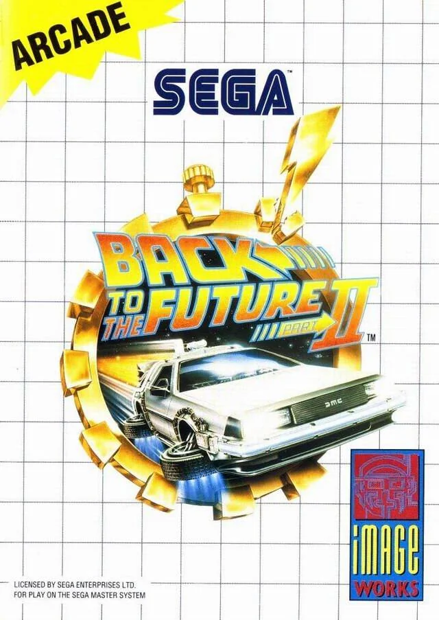 Portada europea de Back to the Future Part II per a Sega Master System, amb el DeLorean davant d'un rellotge daurat.