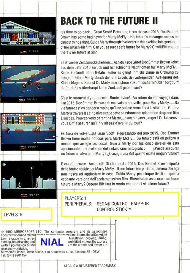 Contraportada europea de Back to the Future Part II per a Sega Master System, amb quatre captures i text multilingüe.