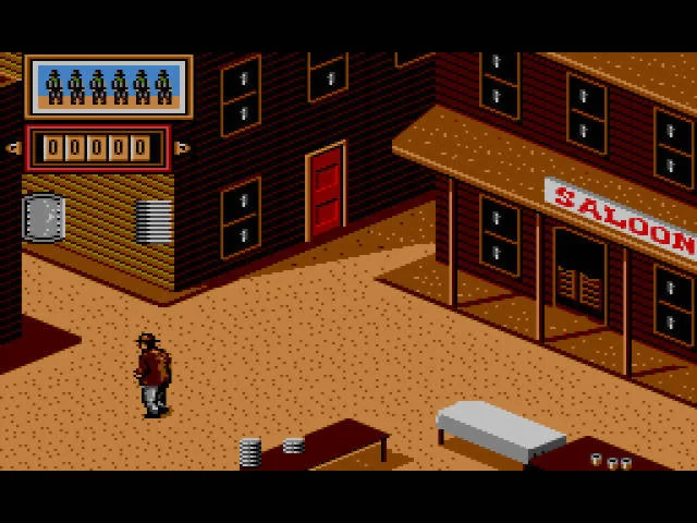 Marty es mou per un saloon isomètric entre taules, portes i enemics situats a diferents profunditats.