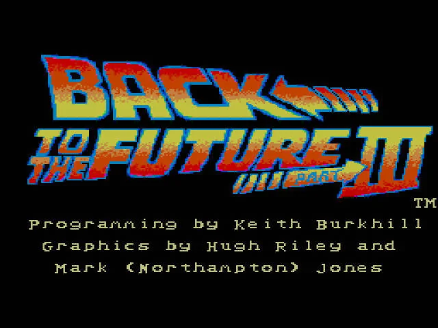 Pantalla de crèdits que atribueix la programació a Keith Burkhill i els gràfics a Hugh Riley i Mark Jones.