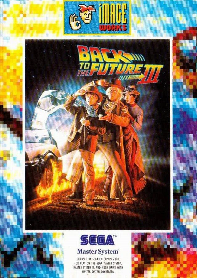 Caràtula frontal europea de Back to the Future Part III per a Sega Master System, amb Marty, Doc, Clara, el DeLorean i una locomotora.