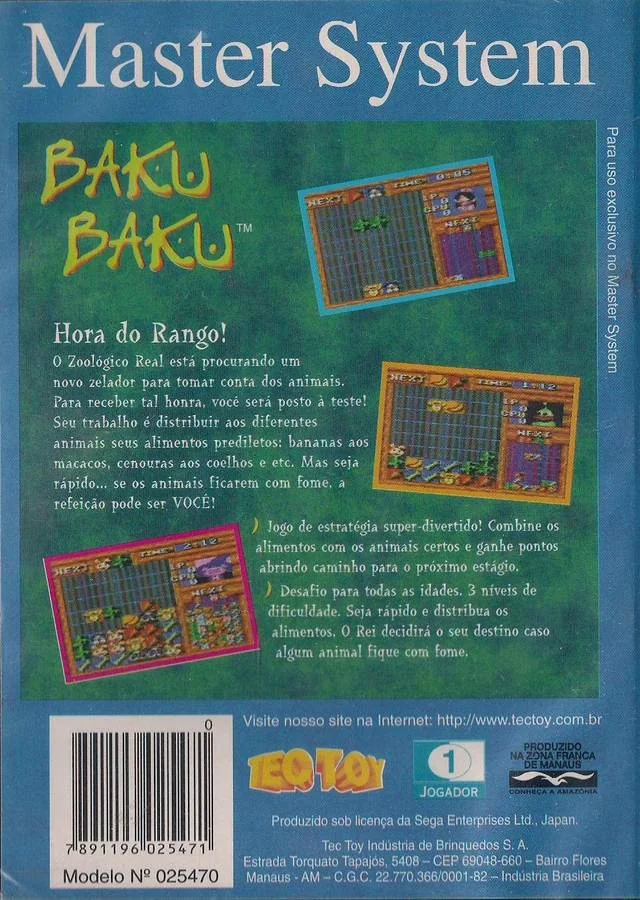 Contraportada brasilera de Baku Baku per a Master System, amb text portuguès, captures i dades de Tec Toy.