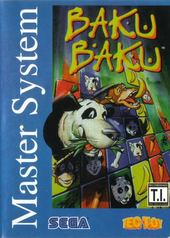 Portada brasilera de Baku Baku per a Master System, amb animals envoltats de blocs de fruita.