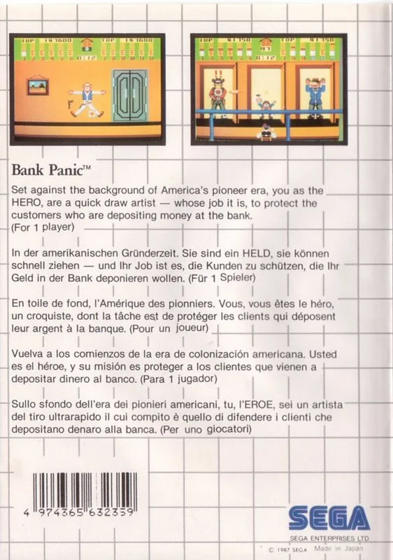 Contraportada europea de Bank Panic per a Master System, amb dues captures i descripcions en cinc idiomes.