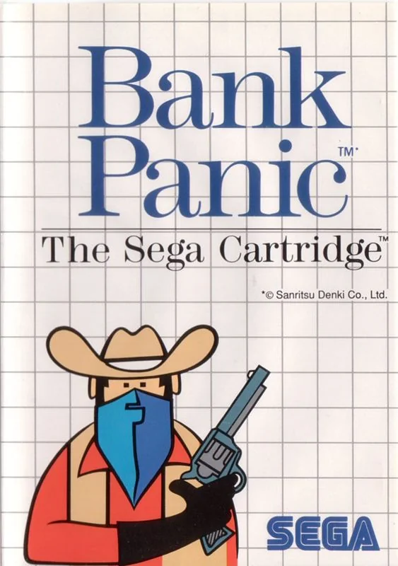 Portada europea de Bank Panic per a Master System, amb un pistoler emmascarat sobre la quadrícula vermella de SEGA.