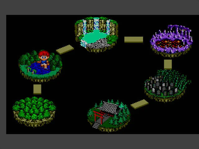 Mapa de progressió amb sis escenaris flotants connectats per un recorregut.