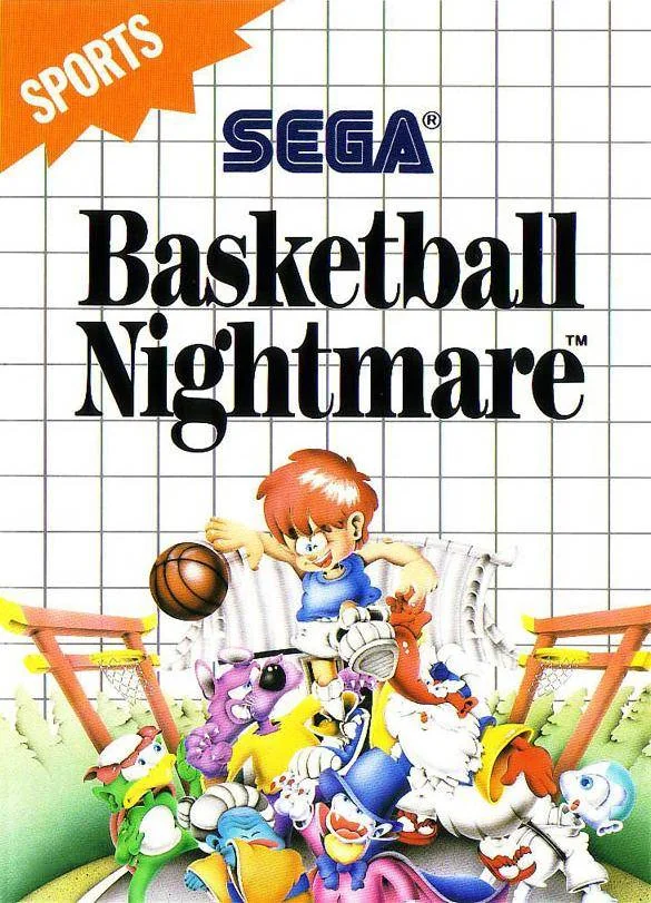 Portada europea de Basketball Nightmare amb un jugador de bàsquet envoltat de criatures fantàstiques.