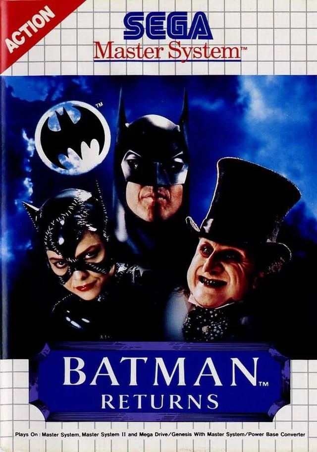 Portada europea de Batman Returns per a Sega Master System, amb Batman, Catwoman i el Pingüí.