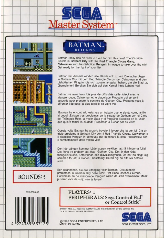 Contraportada europea de Batman Returns per a Sega Master System, amb captures i textos en diverses llengües.