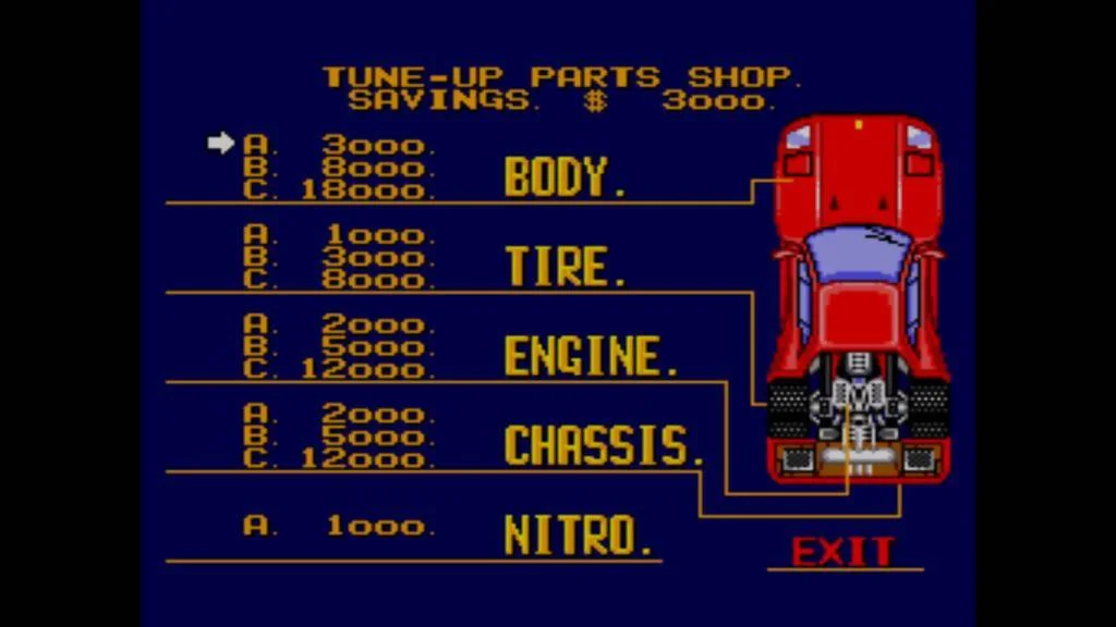 Menú del taller de Battle OutRun amb carrosseria (Body), pneumàtics (Tire), motor (Engine), xassís (Chassis) i nitro.