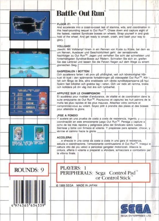 Contraportada europea de Battle OutRun amb textos multilingües i quatre captures de la versió Master System.