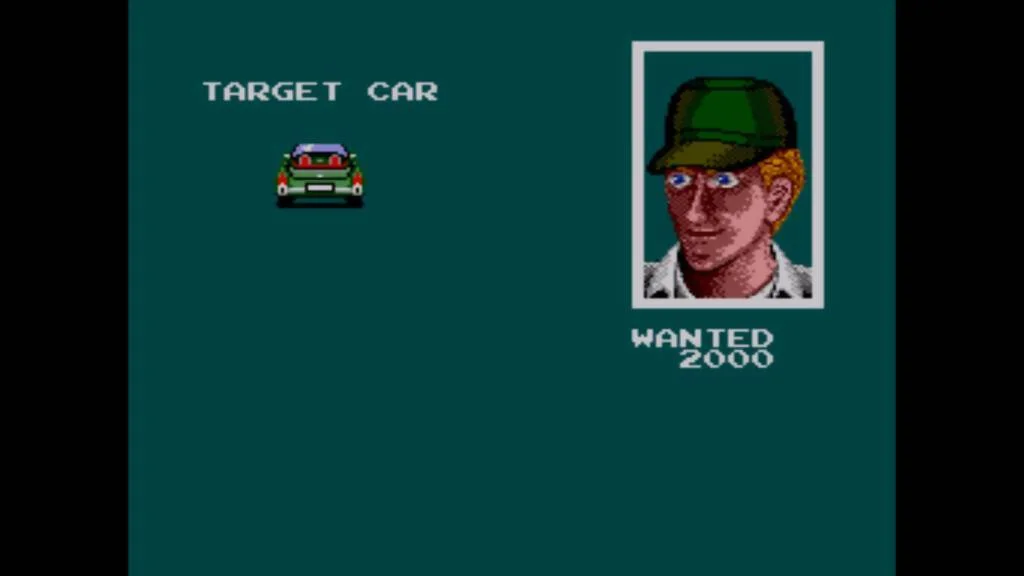 Fitxa d’un objectiu de Battle OutRun amb el retrat del sospitós, el seu vehicle i una recompensa de 2.000 dòlars.