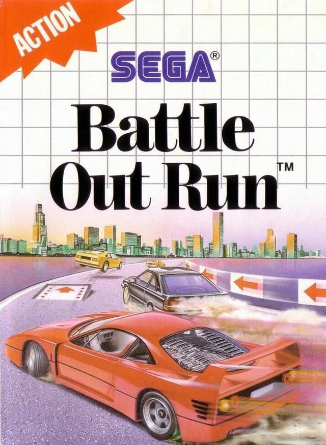 Portada europea de Battle OutRun per a Sega Master System, amb dos cotxes en plena persecució.